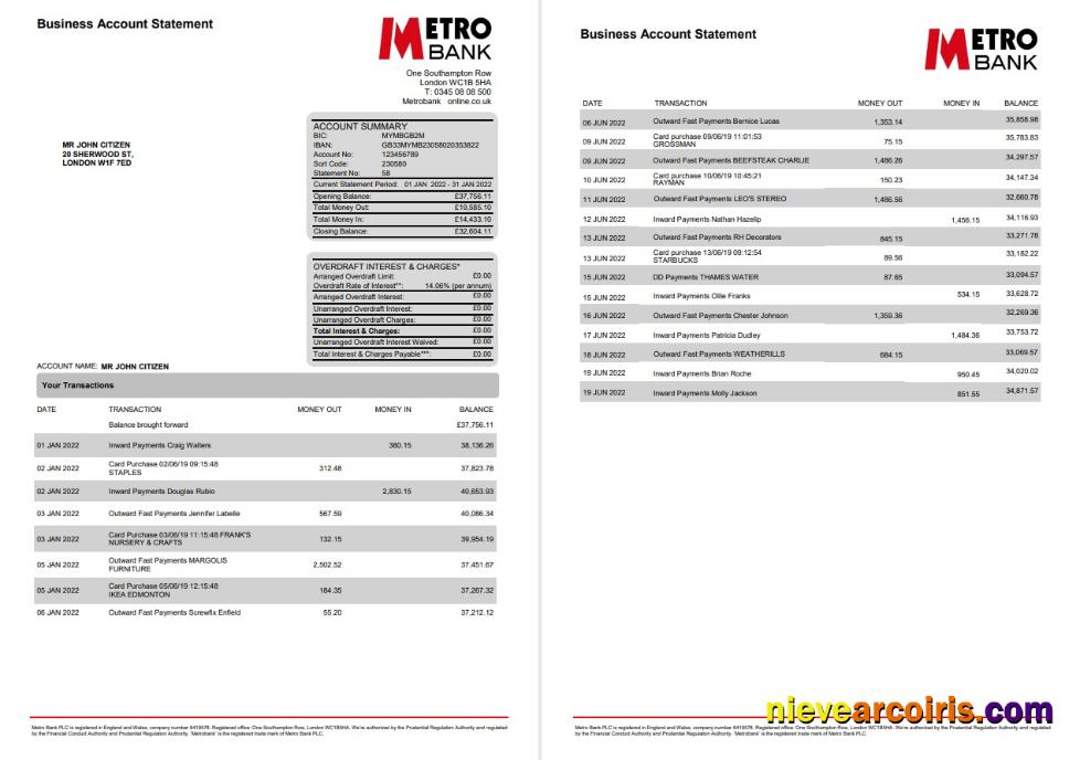 United Kingdom Metro bank business account statement Word and PDF, 4 pages